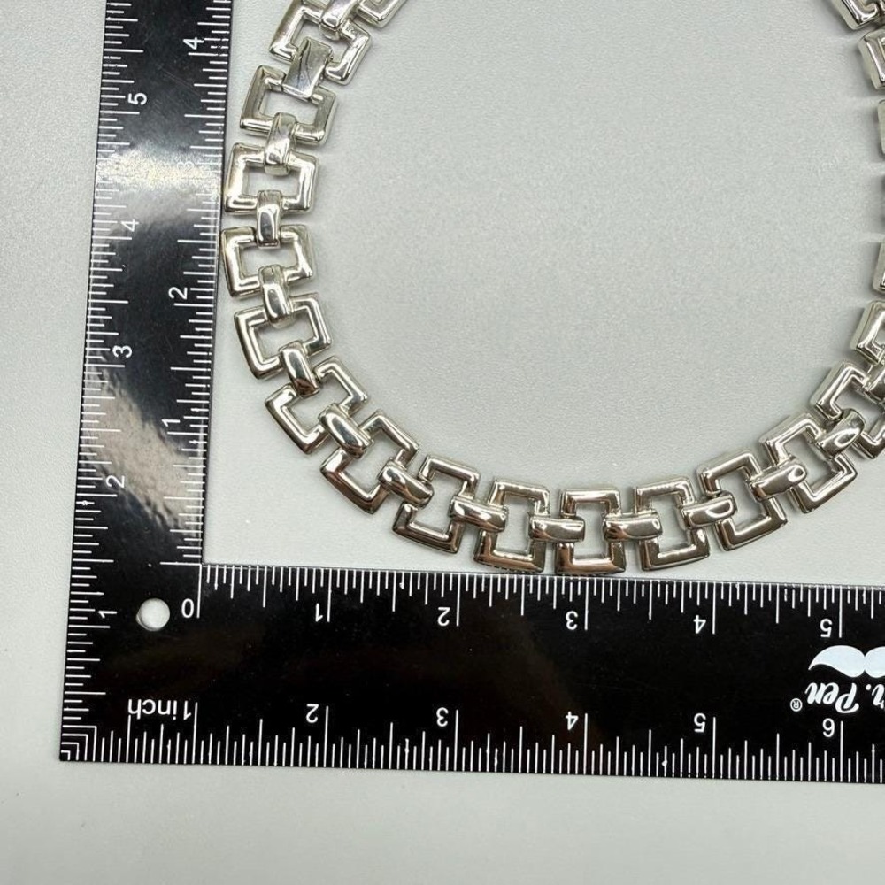 Vintage Chunky Silver Tone Choker Necklace Square Link 16" Heavy Bold Statement - Picture 8 of 11